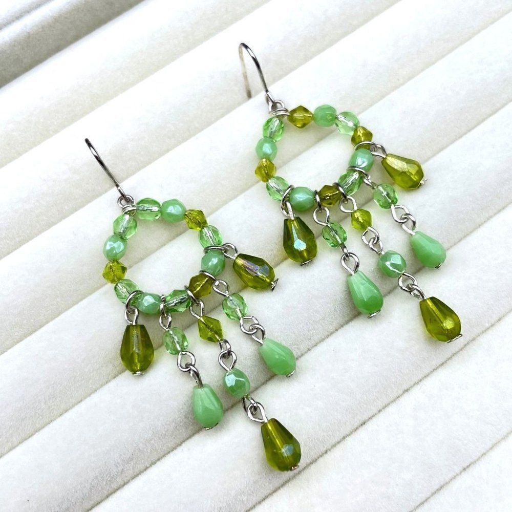 Silver with Emerald and Mint Green Crystal Beaded Dangling Drop Hook Earrings - Picture 6 of 8